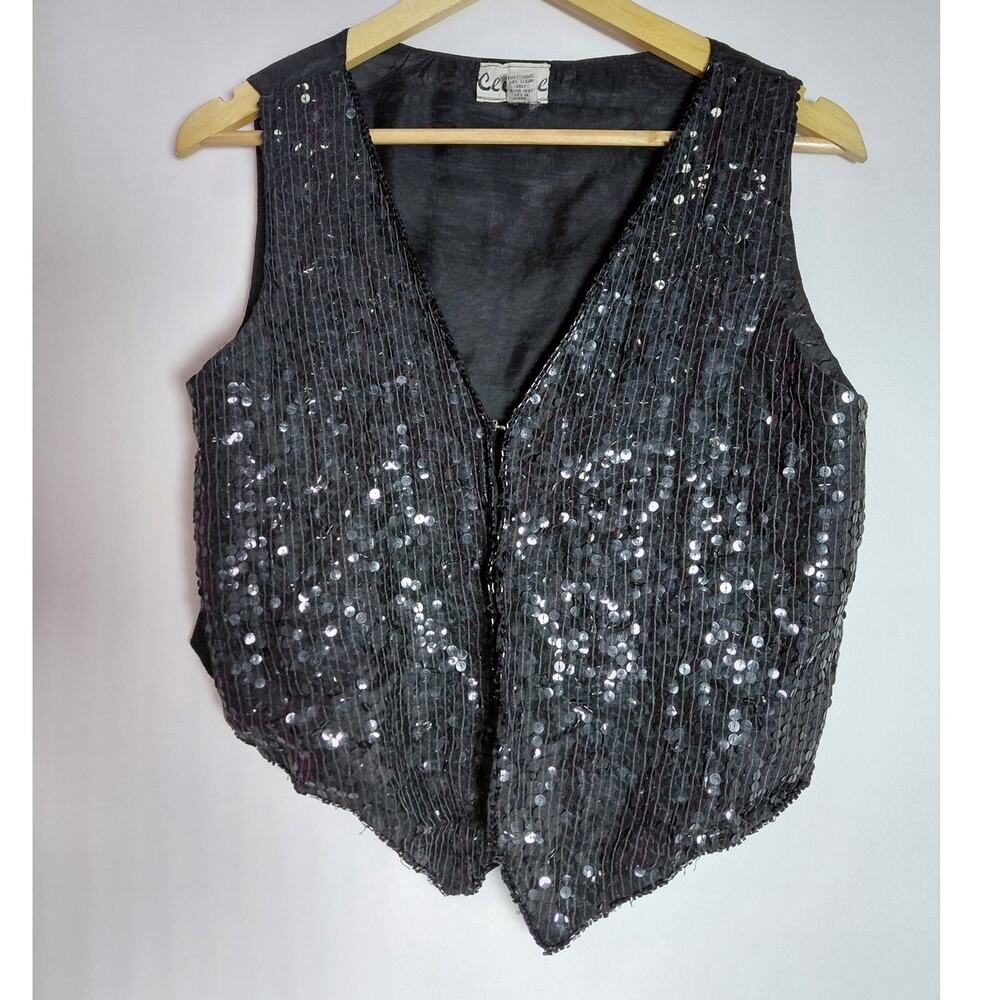 Cee Cee Sequin Vest Black Solid Sleeveless 100% Silk Women Size S